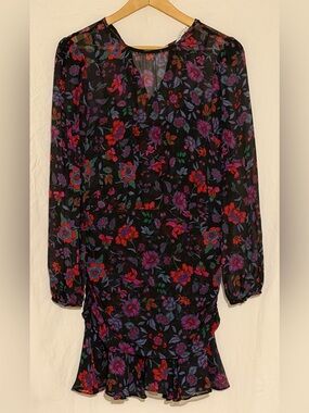 Veronica Beard Robin Boho Floral Silk Ruched Mini Dress Black Purple Long Sleeve
